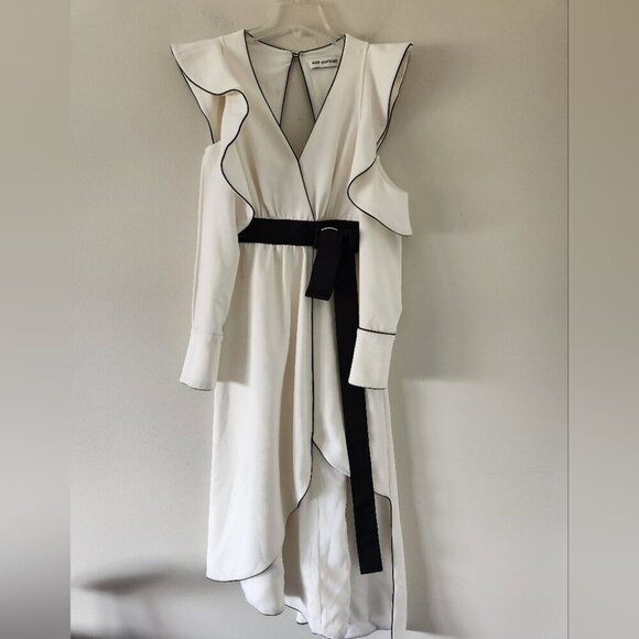 SELF-PORTRAIT | Asymmetrical Wrap Dress White Black belt Sz 4 - Picture 5 of 9